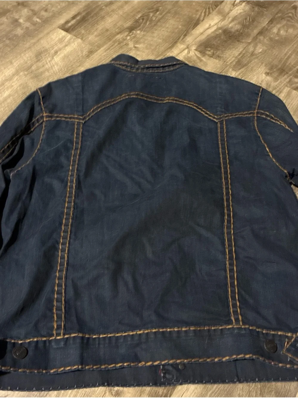 True Religion Men’s Denim Trucker Jacket XXL Big T Thick Stitch Blue Button Up
